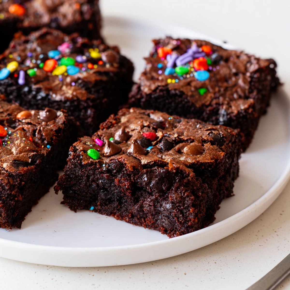Sourdough Cosmic Chocolate Brownies with fudgy center and rainbow sprinkle topping