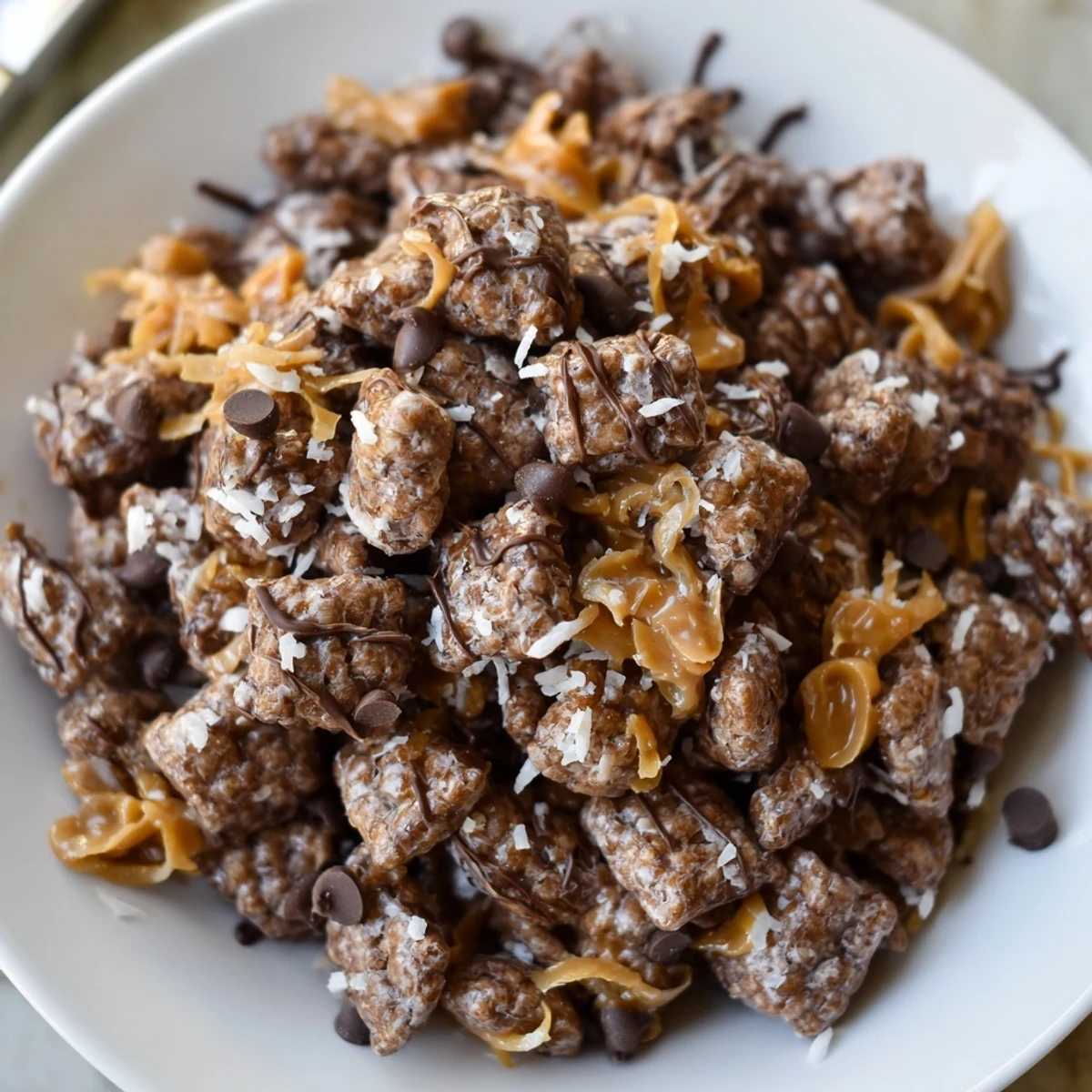 Samoas Puppy Chow Cereal piled in bowl, glossy chocolate, toasted coconut, powdered sugar