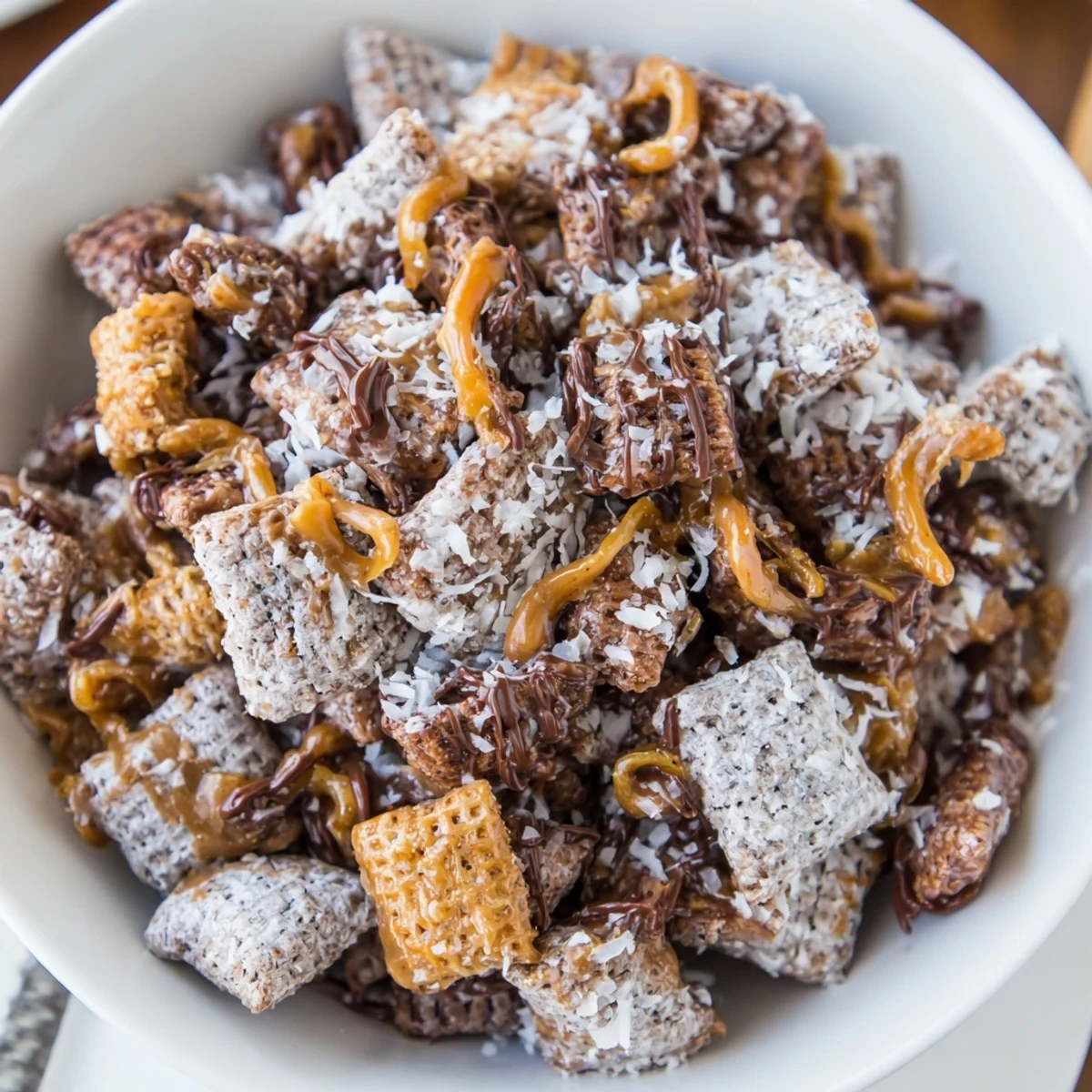 Warm Samoas Puppy Chow Cereal cooling on parchment, caramel drizzle, crisp clusters