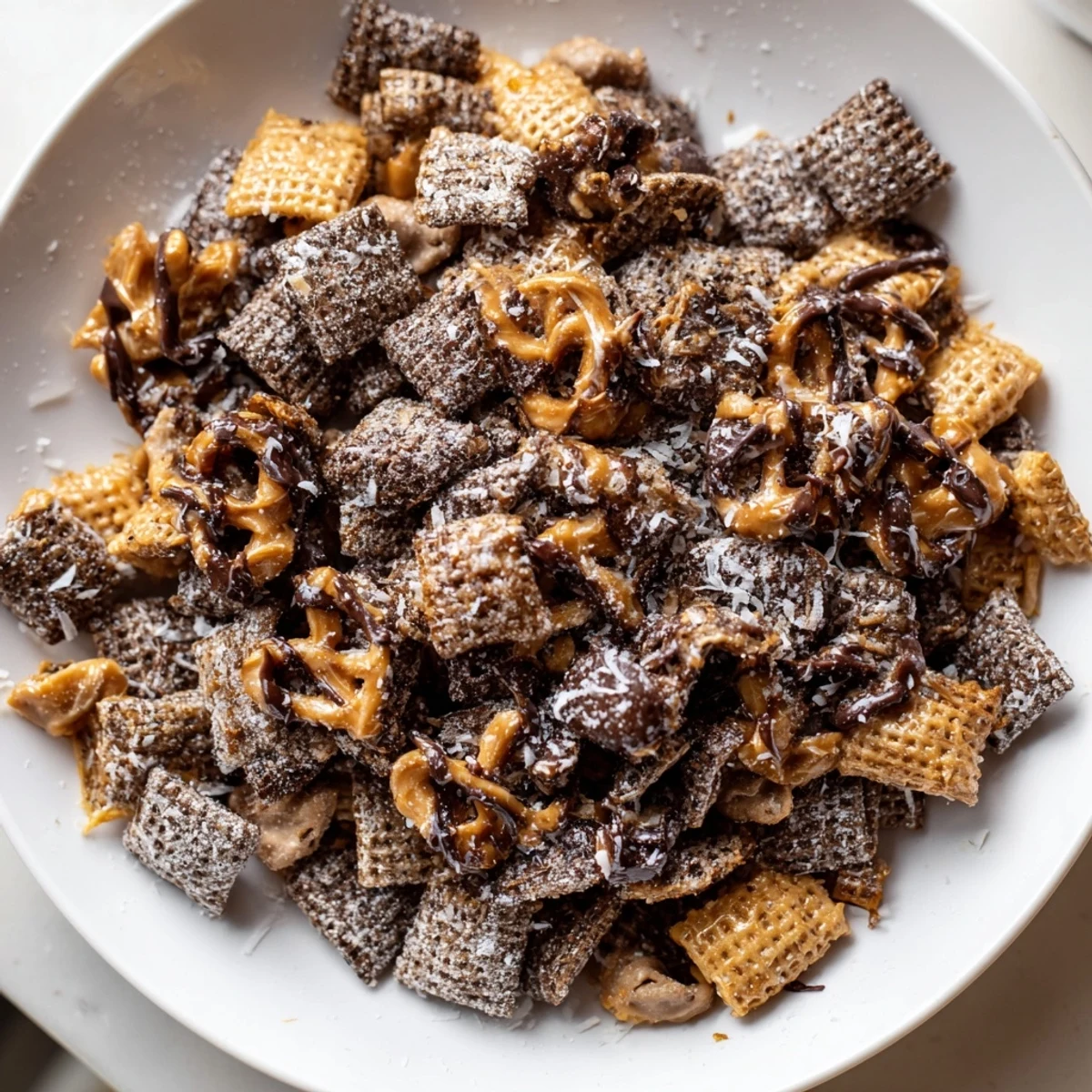 Samoas Puppy Chow Cereal for movie night, crunchy clusters, caramel-kissed coconut