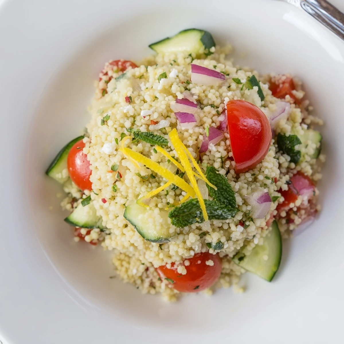 Cucumber Lemon Couscous Salad glistening with lemon dressing, crisp cucumber bites