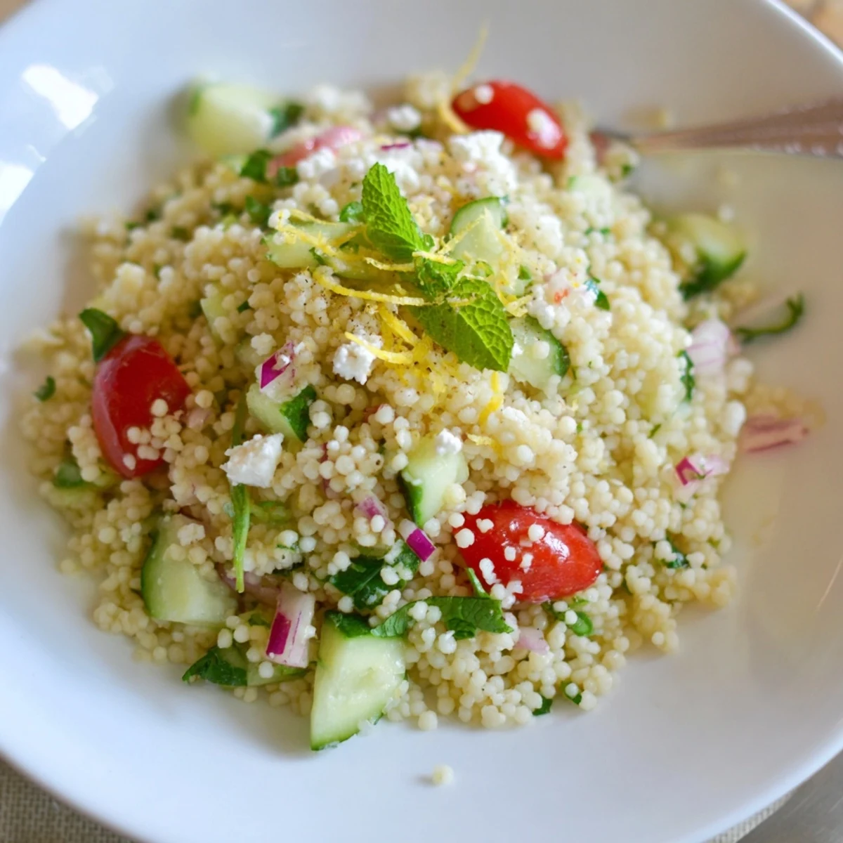 Cucumber Lemon Couscous Salad tossed in olive oil, zesty garlic aroma
