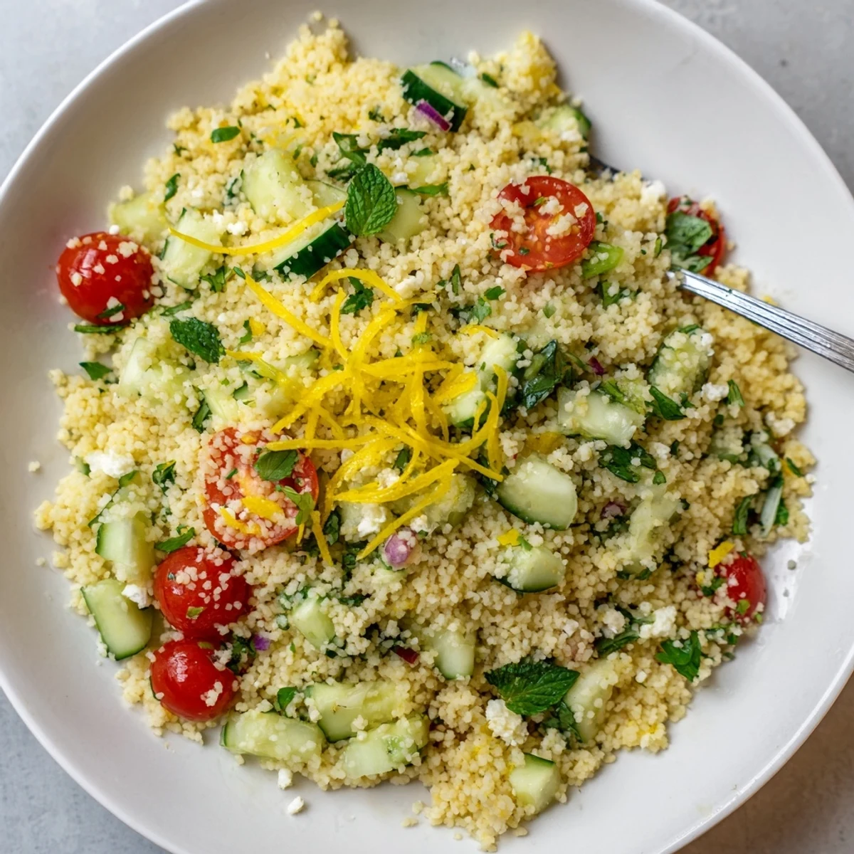 Bright Cucumber Lemon Couscous Salad chilled for picnics, fragrant mint and parsley