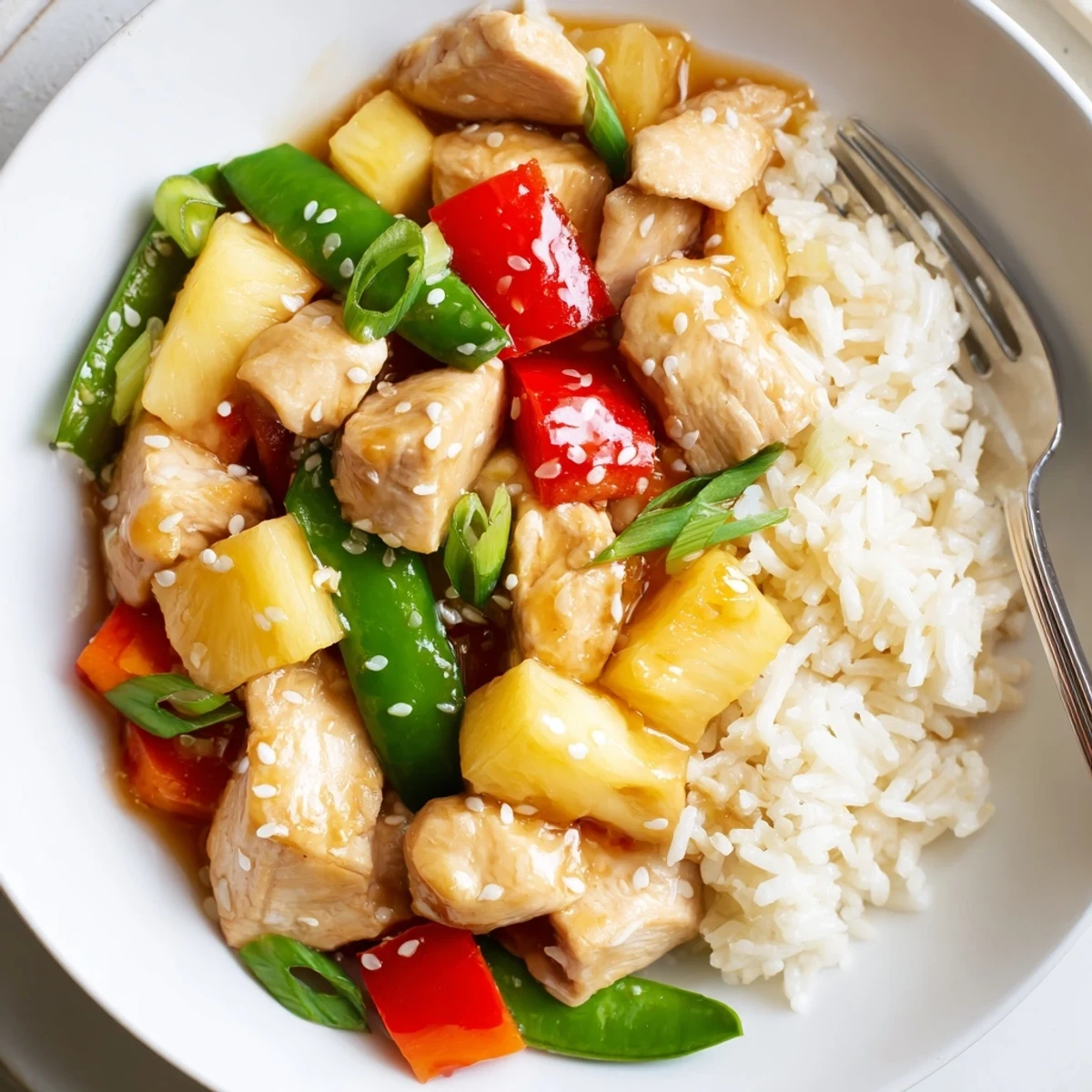 Pineapple Chicken And Rice sizzling in skillet with bright peppers and jasmine rice
