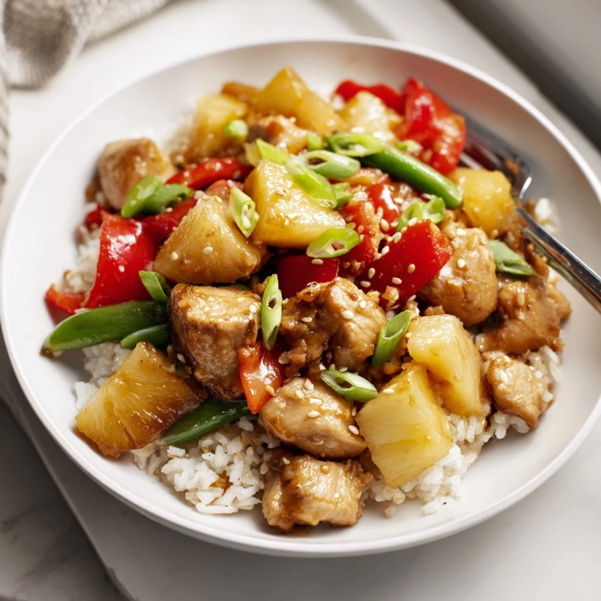 Warm Pineapple Chicken And Rice topped with scallions and sesame seeds, fragrant