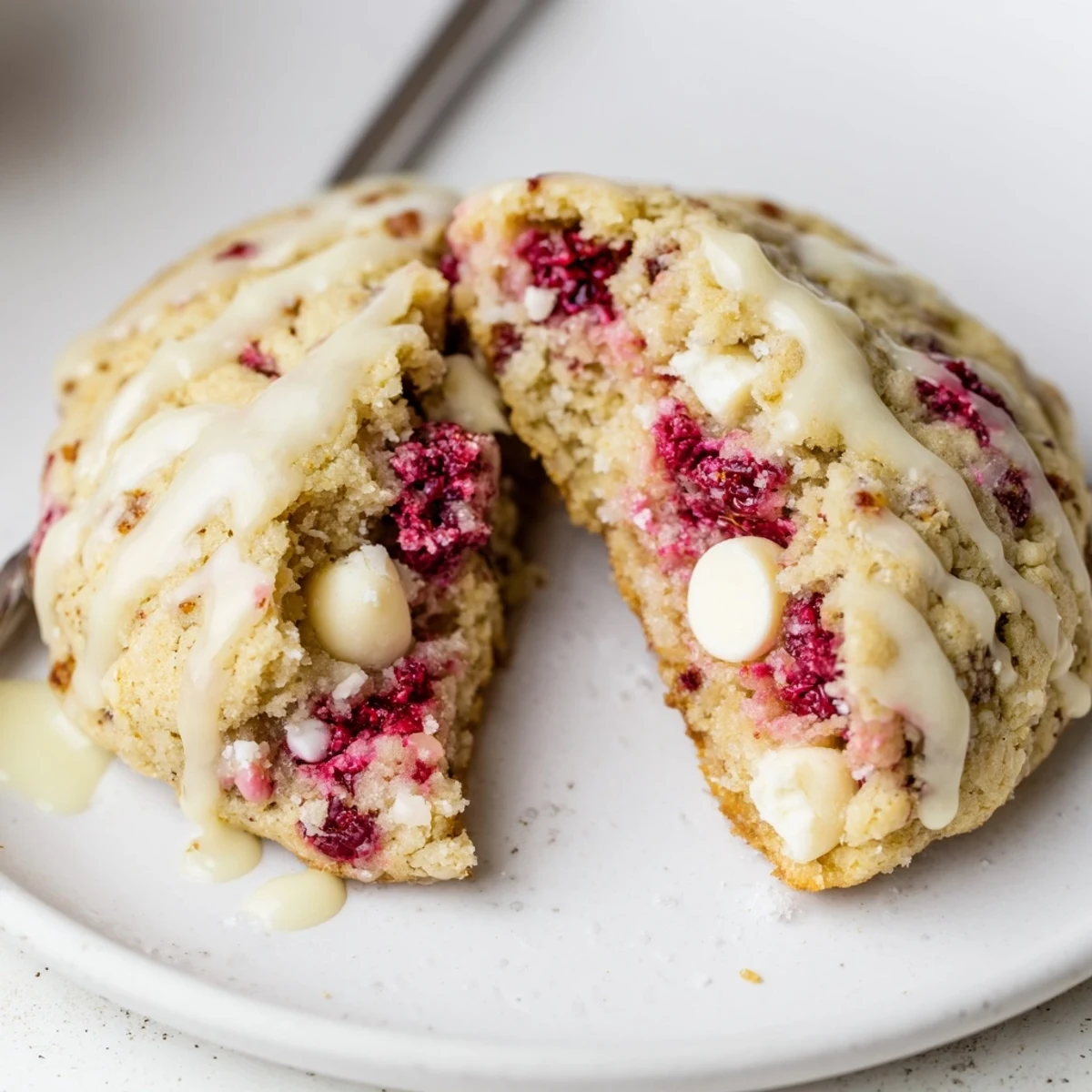 Plate of Chewy Lemon Raspberry Cookies, chewy centers, bright zesty lemon glaze