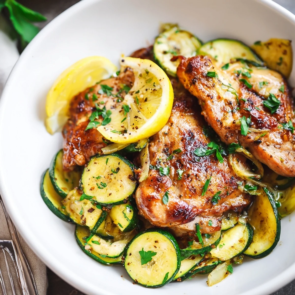 Pan-seared Asado Chicken With Lemon Zucchini Saute, juicy, golden, garnished with parsley