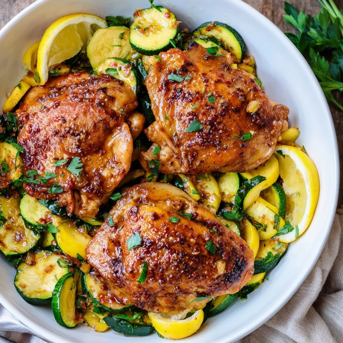 Rustic plate of Asado Chicken With Lemon Zucchini Saute, fragrant lemon zest