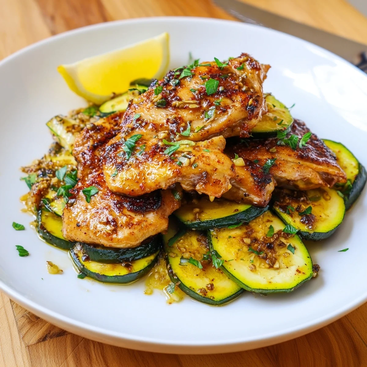 Family-style Asado Chicken With Lemon Zucchini Saute, tangy marinade, sizzling in skillet