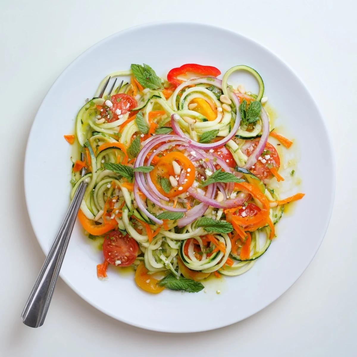 Colorful zucchini noodle salad bowl topped with cherry tomatoes and fresh citrus dressing