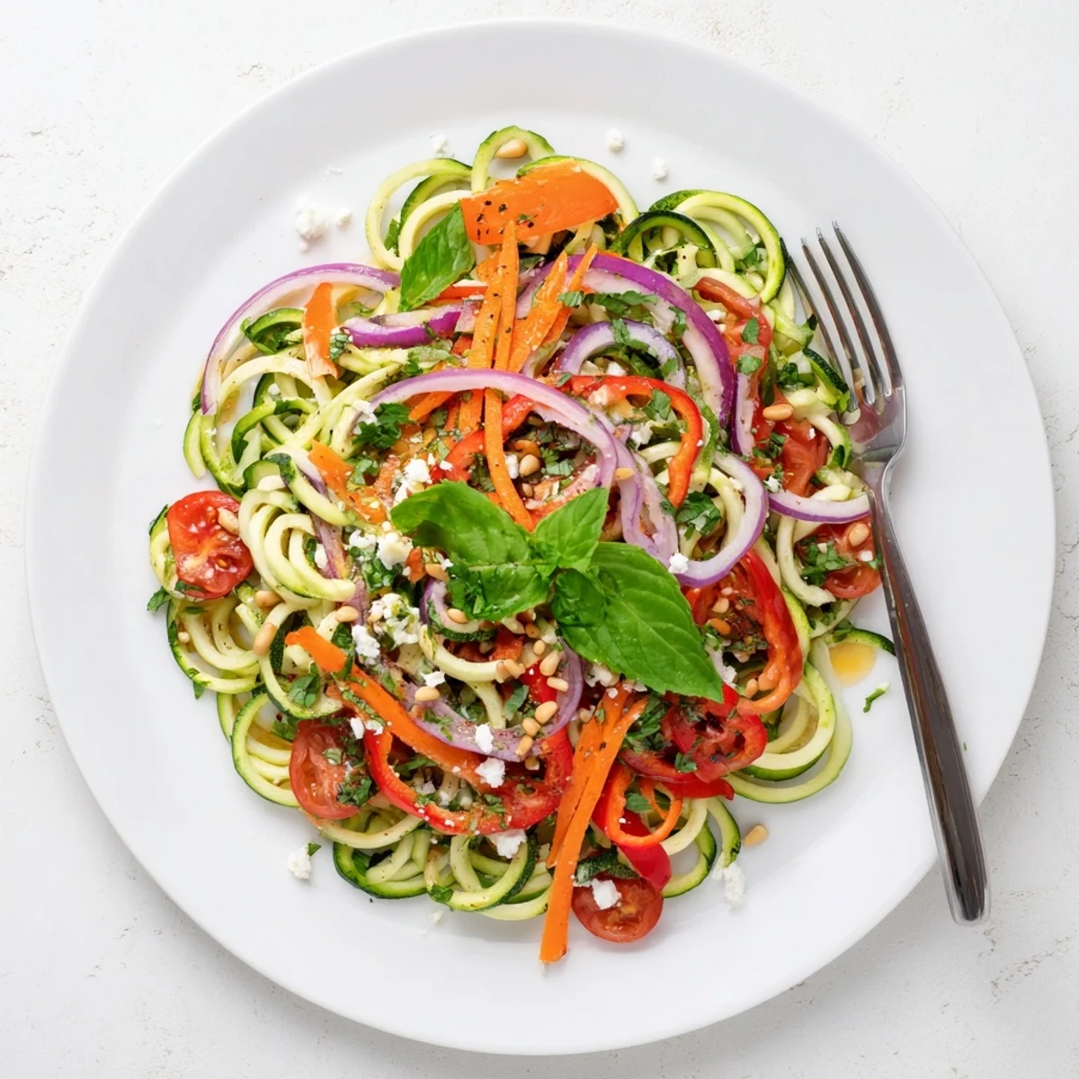 Refreshing spiralized zucchini salad with crisp vegetables and zesty lemon lime dressing