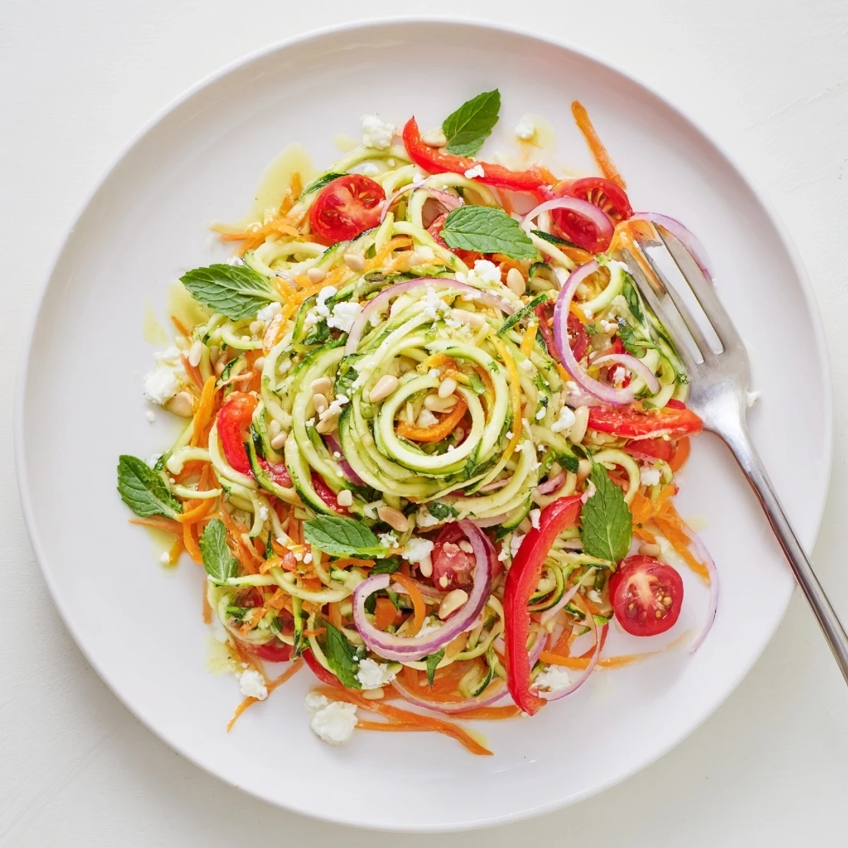 Summer zucchini noodle salad featuring fresh herbs vegetables and bright citrus vinaigrette