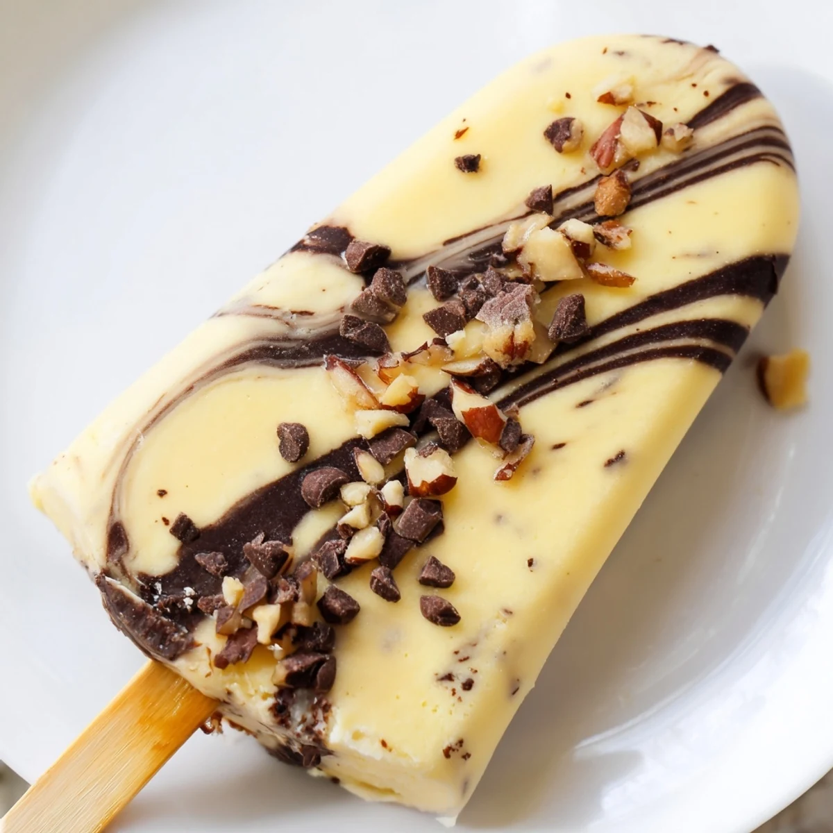 Frozen chocolate banana bliss popsicles featuring marbled chocolate and Greek yogurt on a stick