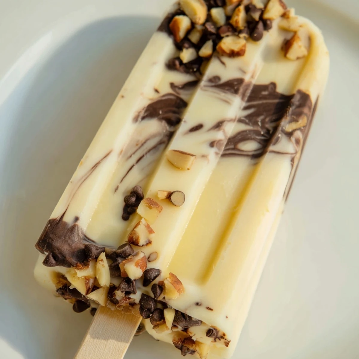 Creamy chocolate banana bliss popsicles with swirls of dark chocolate and optional nut topping