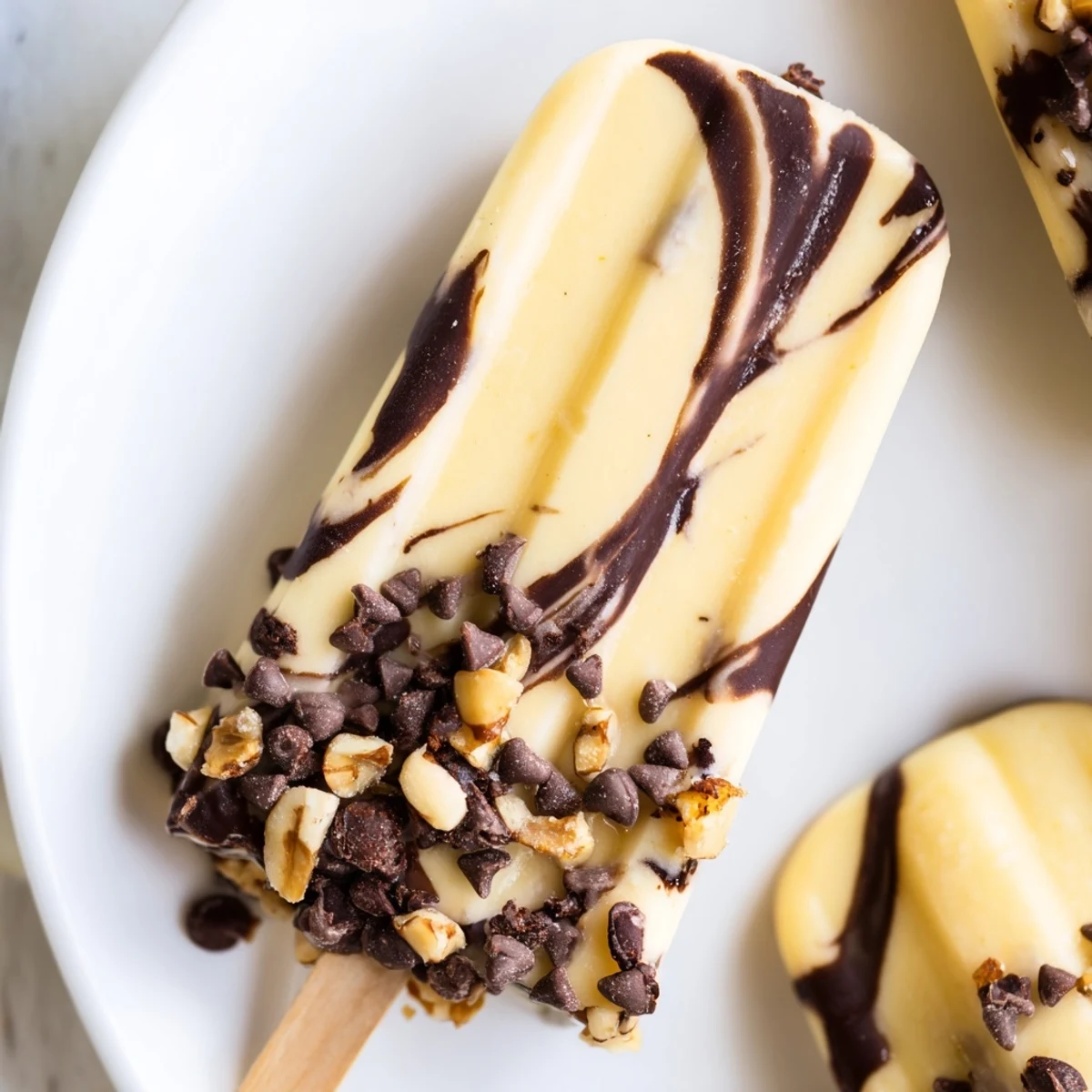 Handheld chocolate banana bliss popsicles with rich chocolate swirls and sweet banana cream base