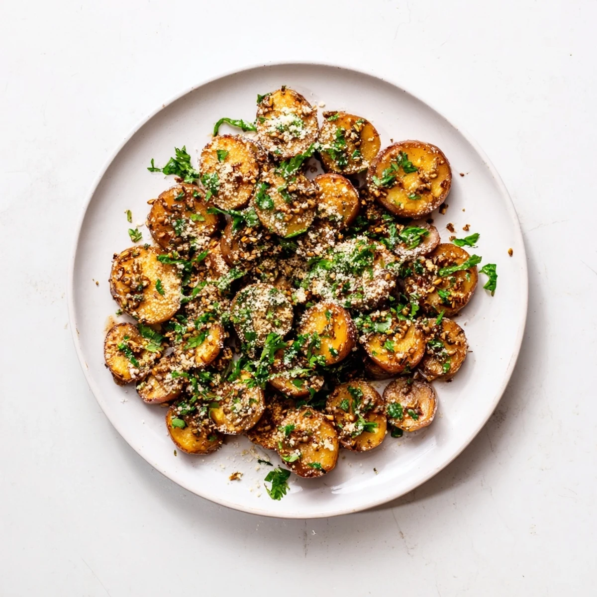 Golden brown garlic roasted radishes arranged on a white serving plate with fresh parsley garnish