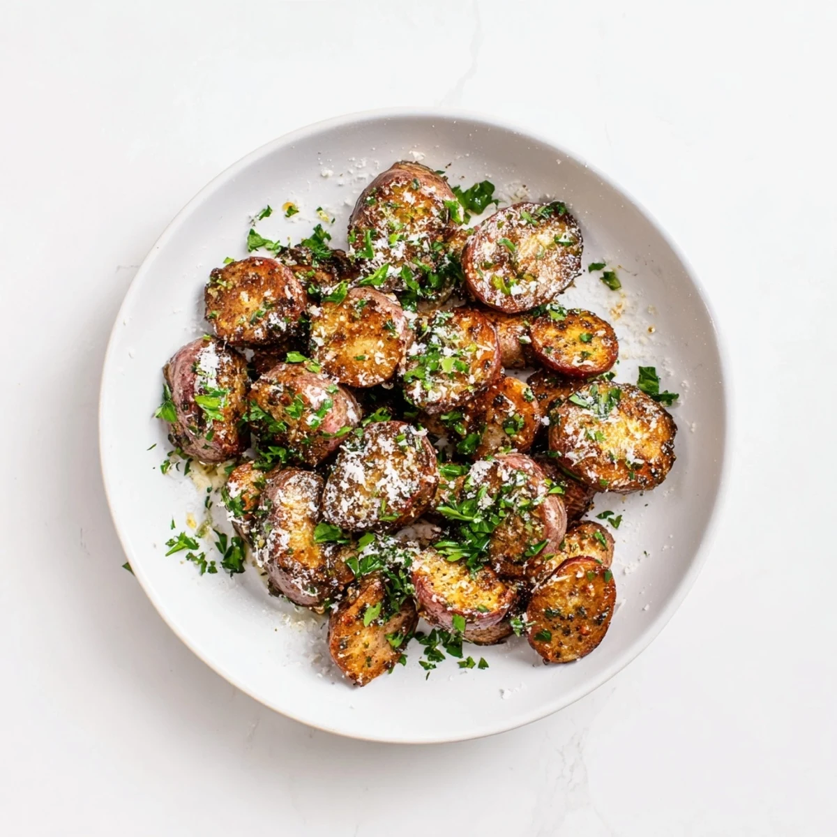 Halved radishes roasted to perfection with garlic and olive oil, sprinkled with Parmesan and parsley