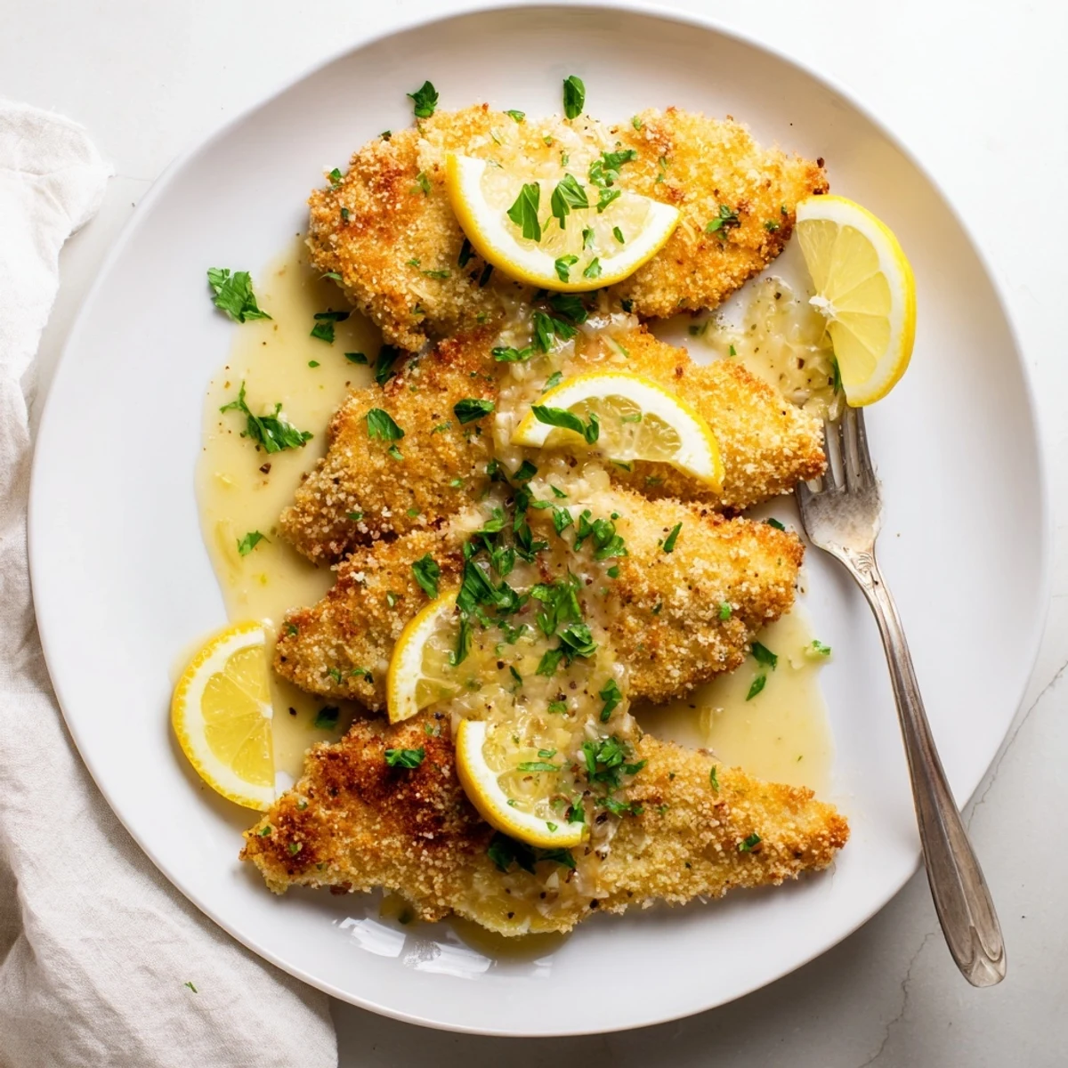 Pan-fried lemon chicken Romano garnished with fresh parsley and bright lemon slices
