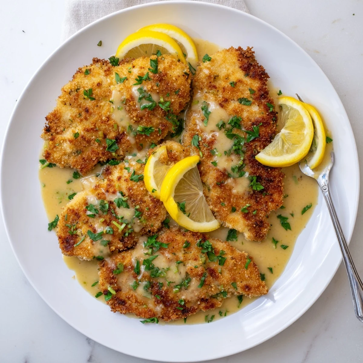 Golden lemon chicken Romano with crispy parmesan crust and tangy lemon butter sauce