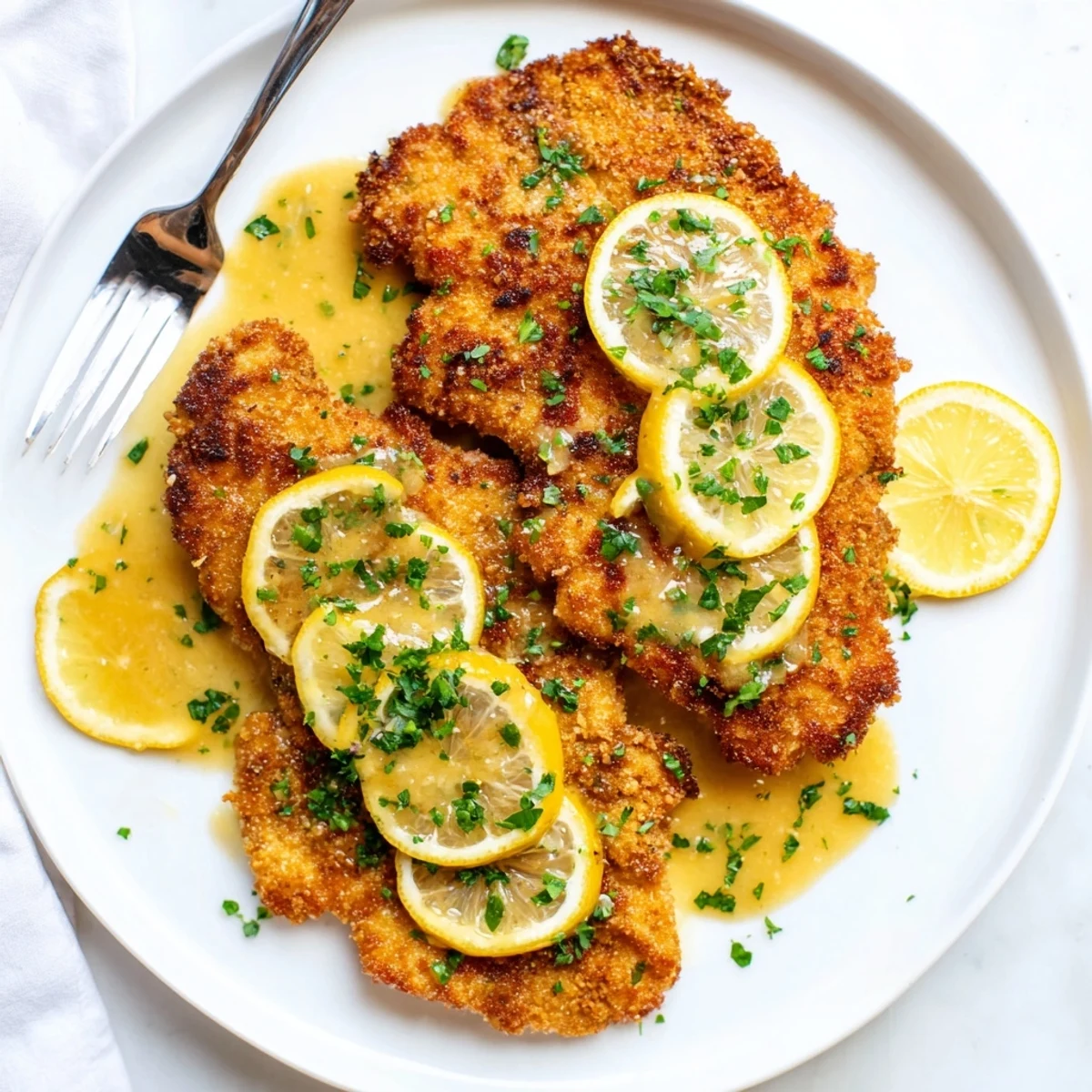 Crispy Romano crusted chicken breast drizzled with zesty lemon sauce on white plate