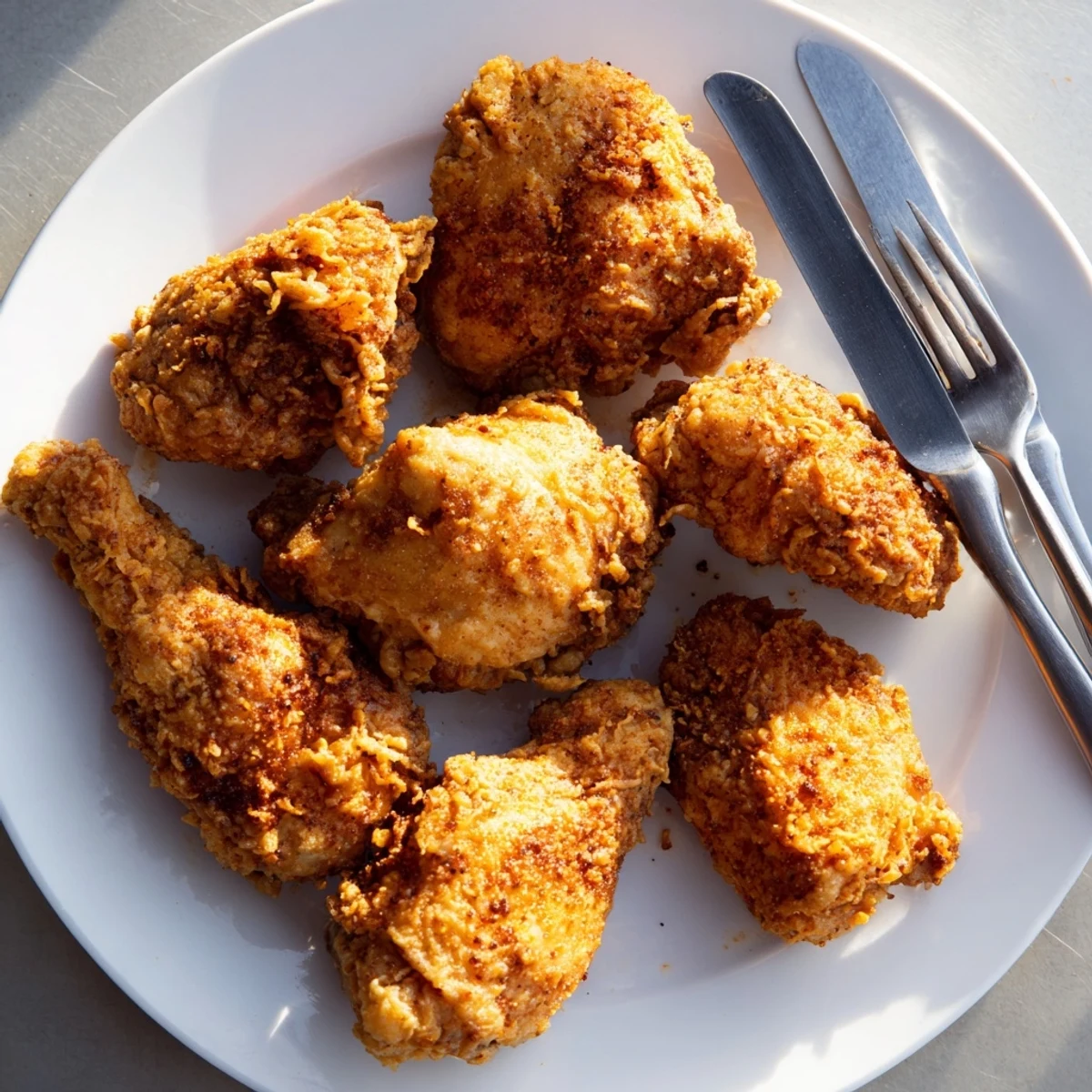 Golden brown fried chicken breast with crispy coating resting on a wire rack