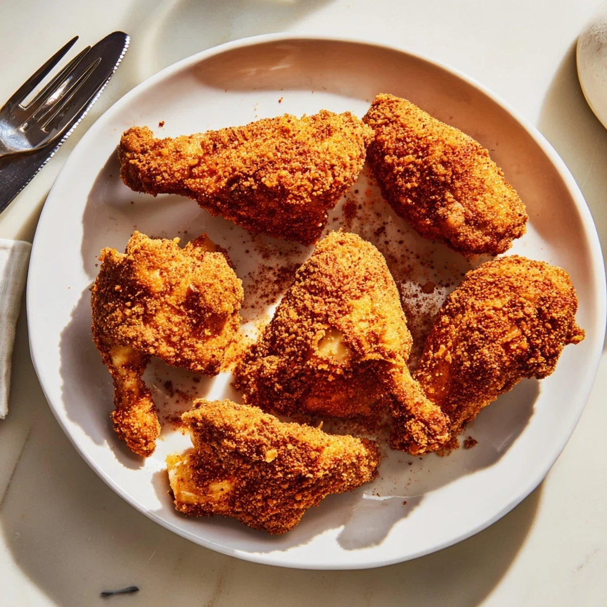 Close-up of homemade fried chicken breast showing crunchy seasoned breading texture