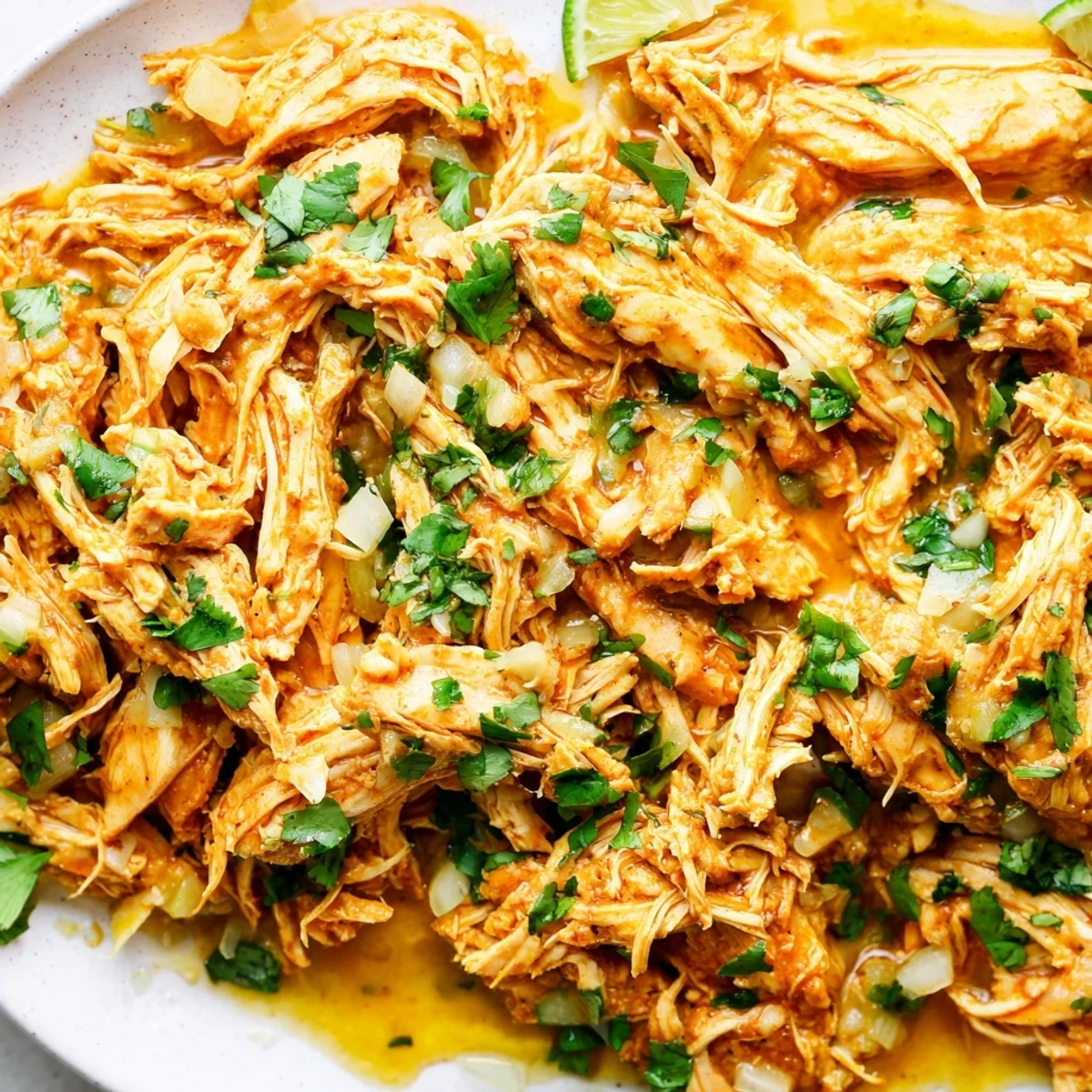 Tender slow cooker cilantro lime chicken shredded and garnished with fresh herbs