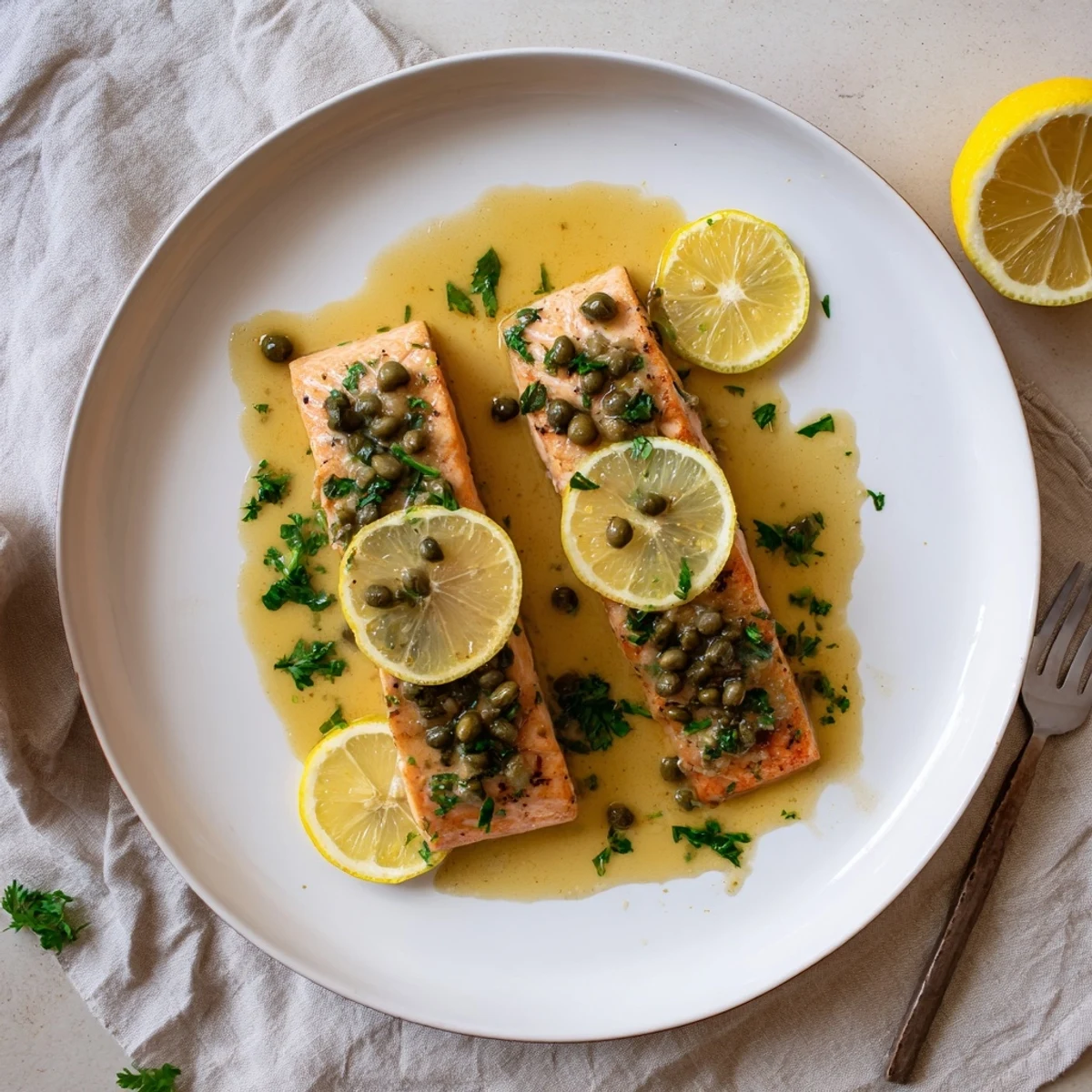 Salmon Piccata with golden seared crust, lemon-caper sauce spooned over