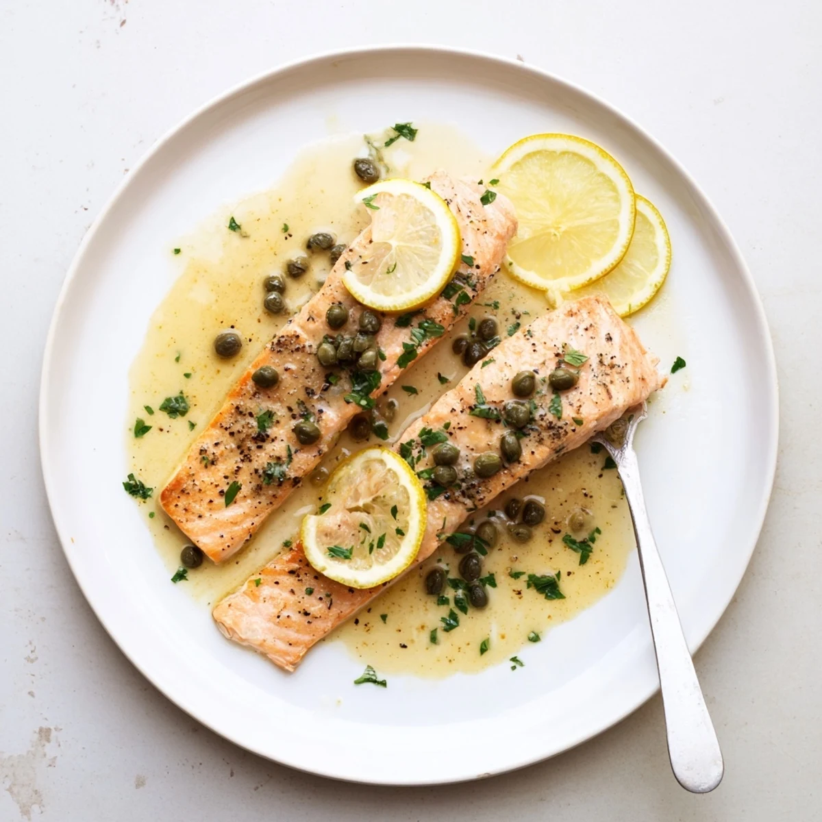 Pan-seared Salmon Piccata sizzling in skillet, fragrant garlic and lemon sauce
