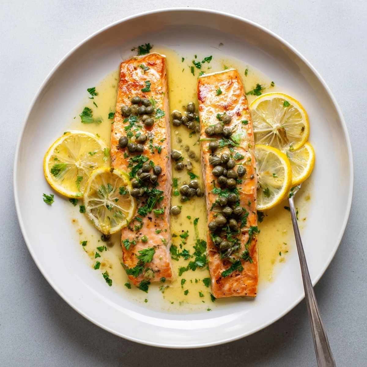 Family-style Salmon Piccata plated with steamed green beans and bright lemon