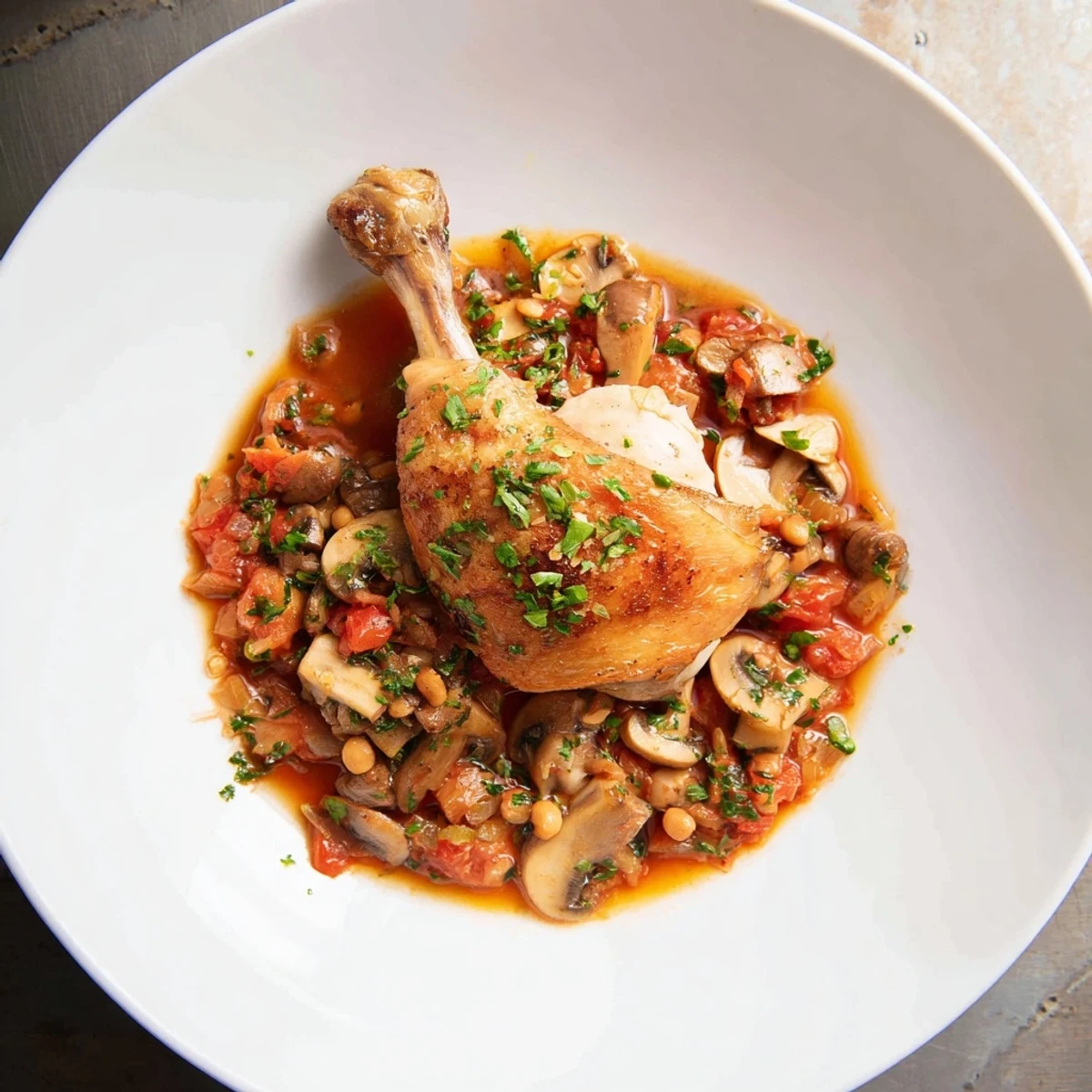 Braised Chicken Chasseur with mushrooms and tarragon, glossy tomato sauce spooned over noodles