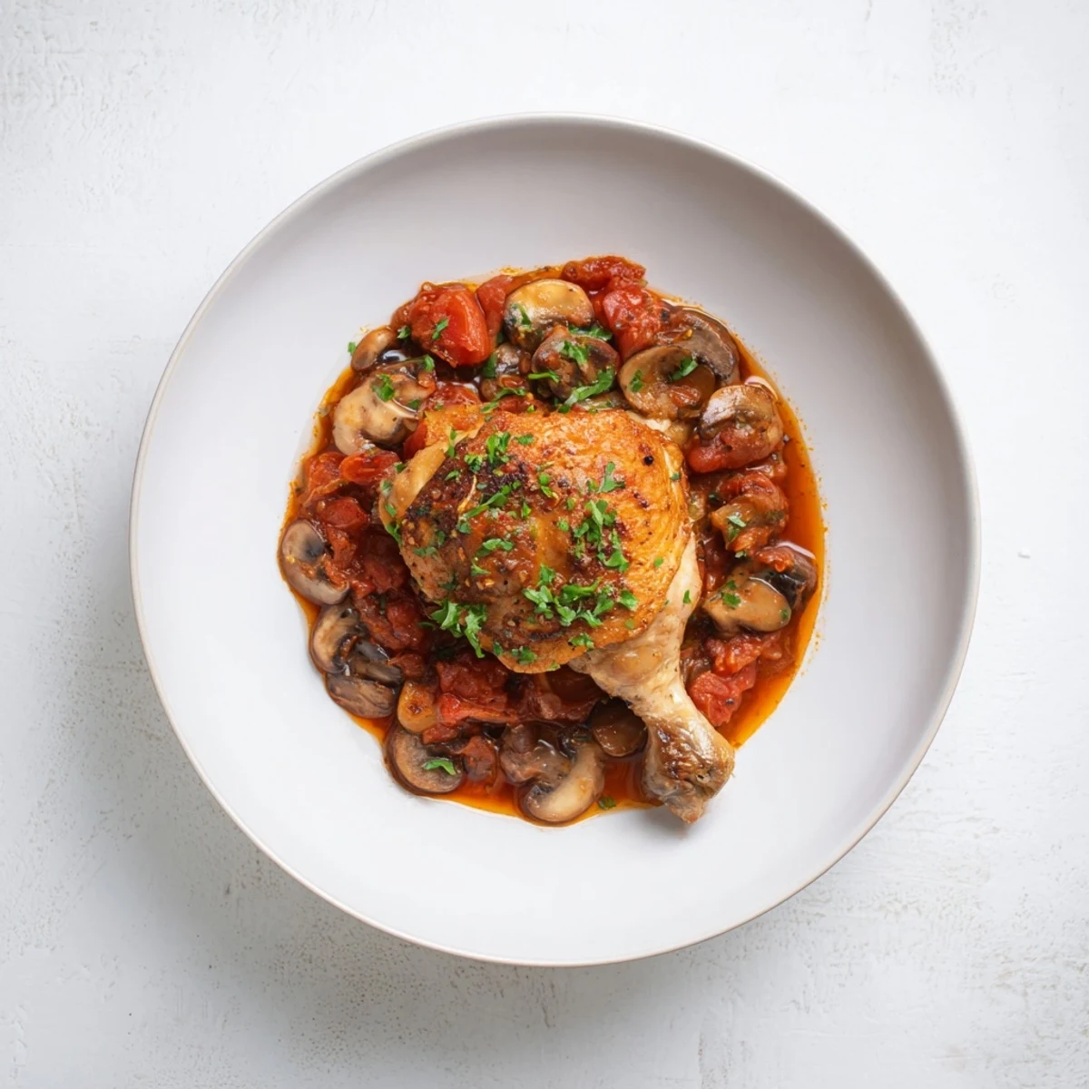Tender bone in Chicken Chasseur, golden skin, mushrooms and parsley garnish