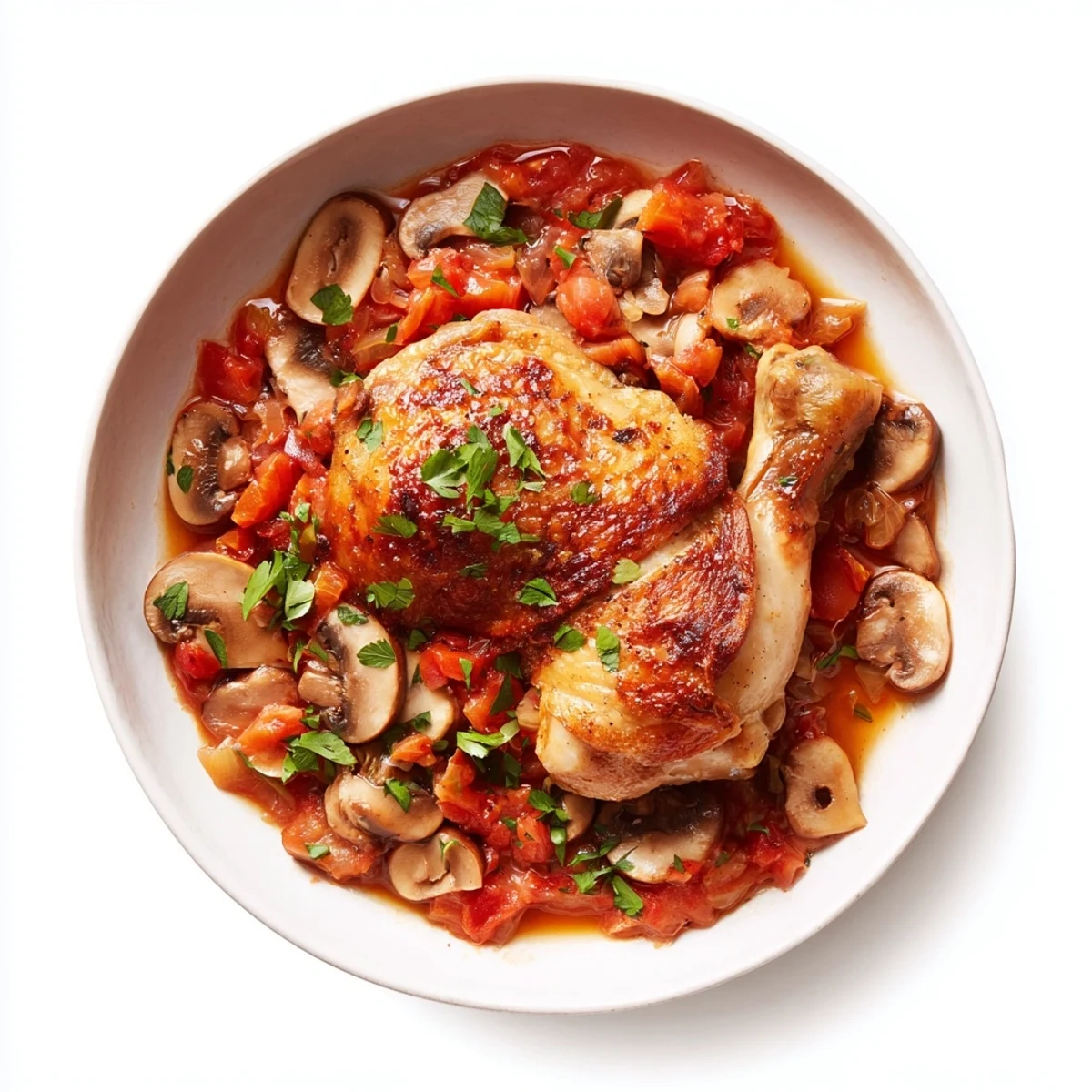 Rustic skillet Chicken Chasseur simmering in white wine, fragrant herbs visible