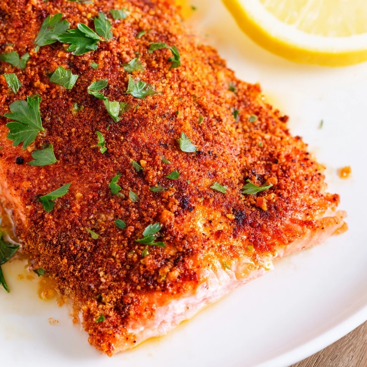 Oven Baked Cajun Salmon with a golden spice crust on a parchment-lined baking sheet
