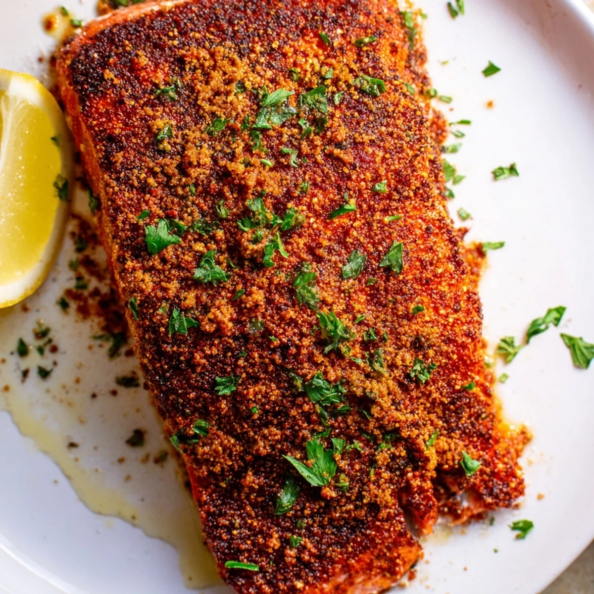 Perfectly flaked Oven Baked Cajun Salmon garnished with fresh parsley and bright lemon wedges