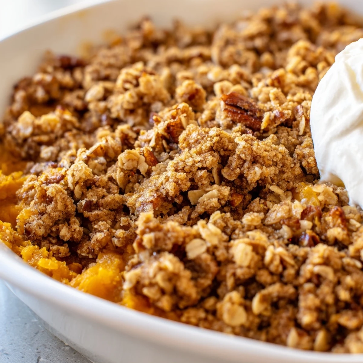 Golden brown pumpkin pie crisp with buttery pecan oat topping in baking dish