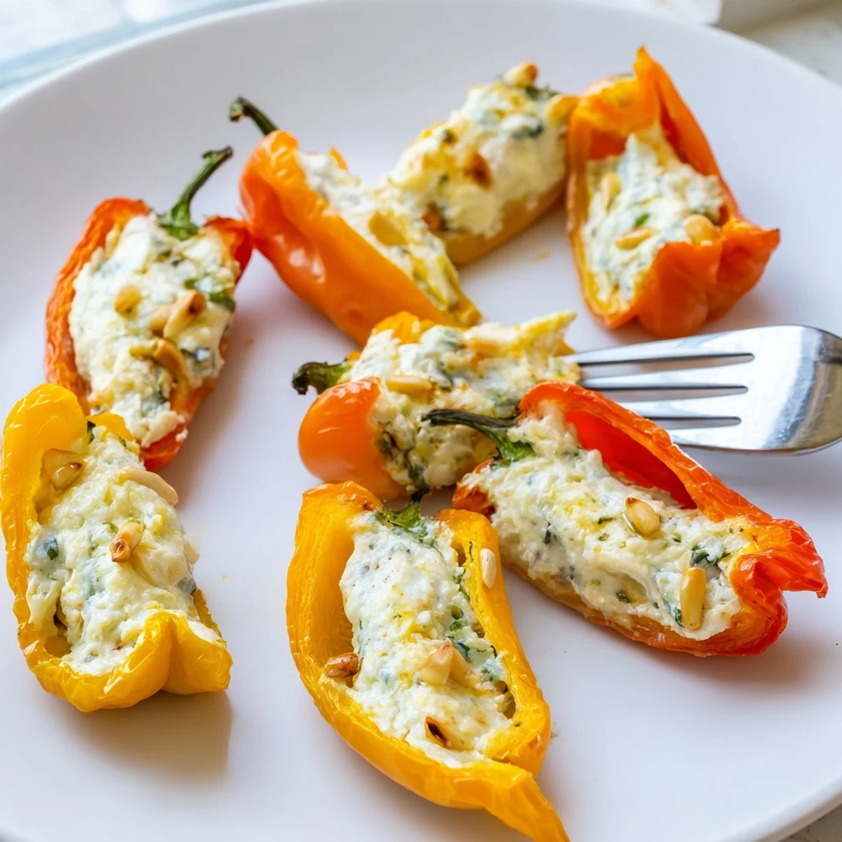Creamy roasted goat cheese stuffed mini peppers garnished with fresh herbs and pine nuts