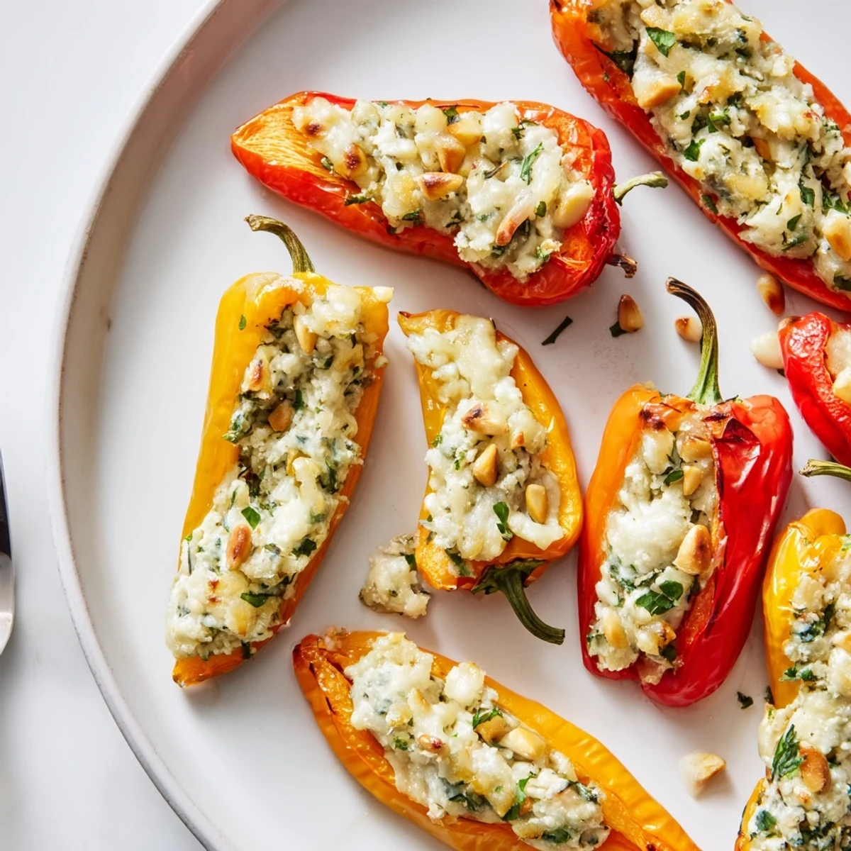 Roasted goat cheese stuffed mini peppers with golden bubbling tops on a rustic baking sheet