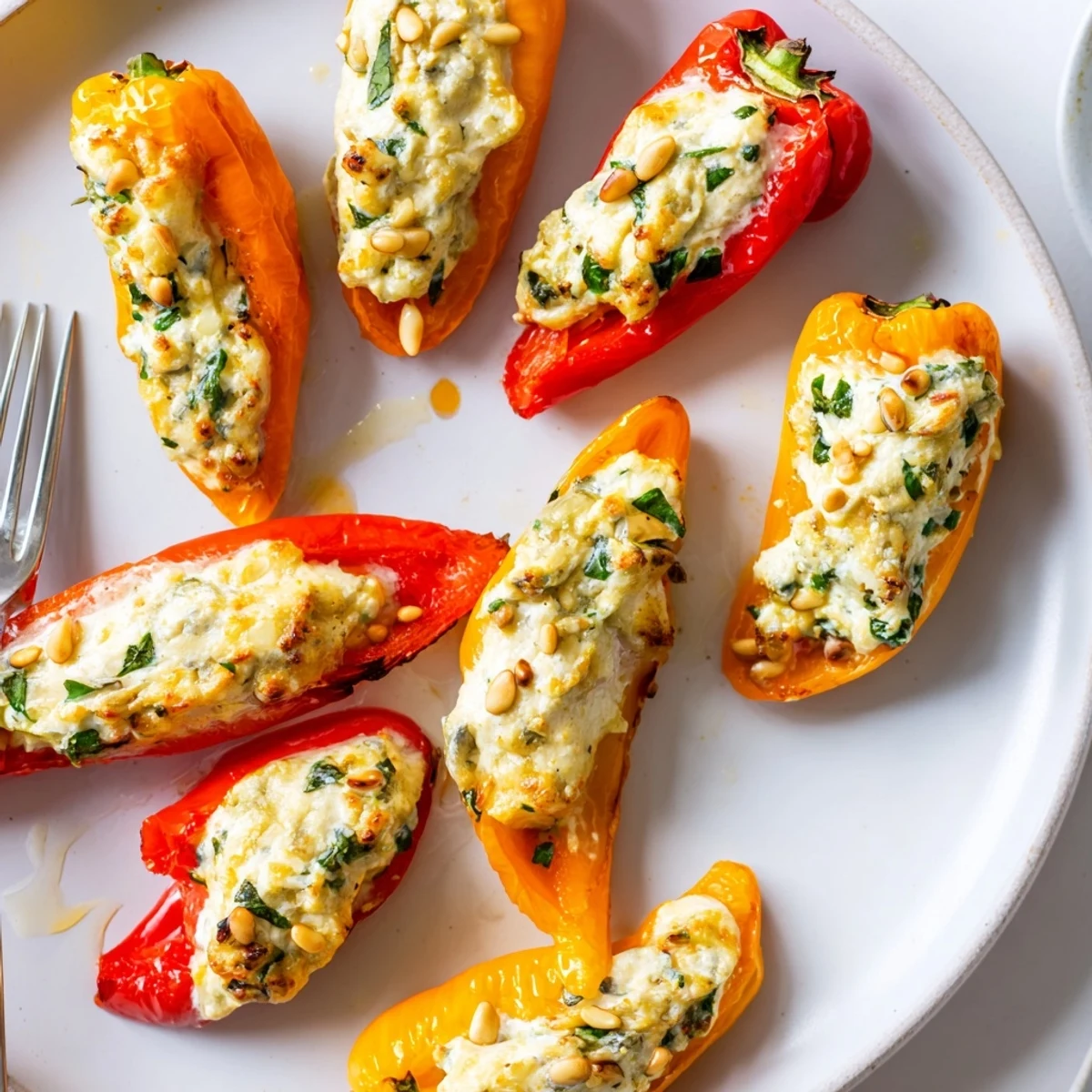 Halved sweet peppers filled with herbed cheese roasting until tender and lightly caramelized