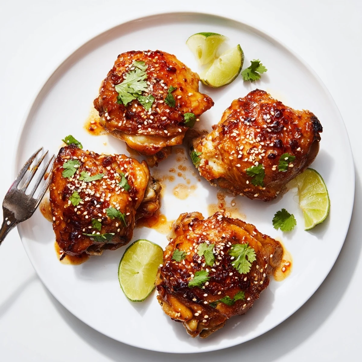 Crispy sweet chili air fryer chicken thighs glazed golden on a white plate