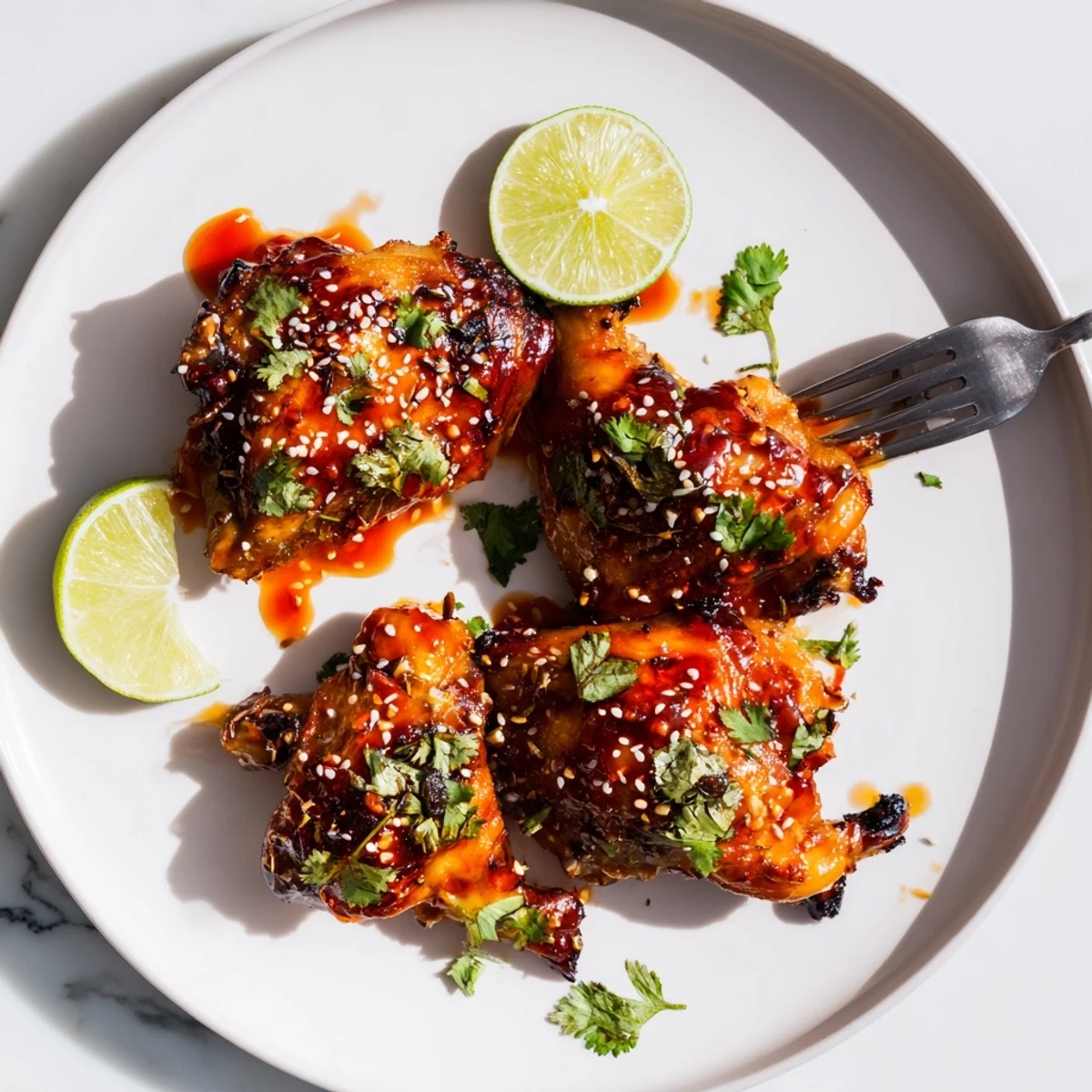 Golden sweet chili air fryer chicken thighs garnished with cilantro and sesame seeds