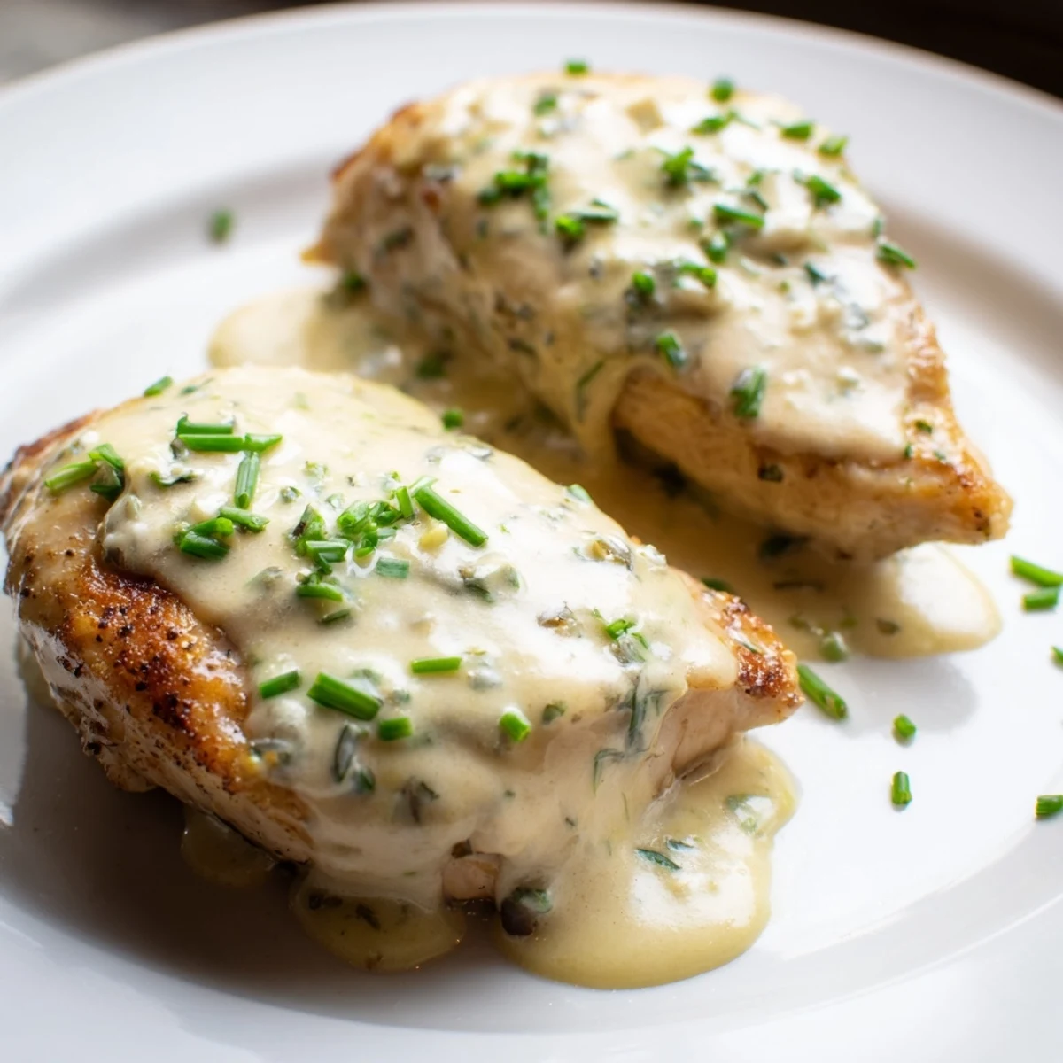 Creamy chicken with Boursin sauce drizzled over golden seared breasts with fresh chives