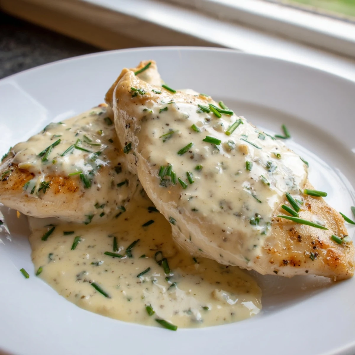 Tender pan-seared chicken breasts nestled in a velvety garlic herb Boursin cheese sauce