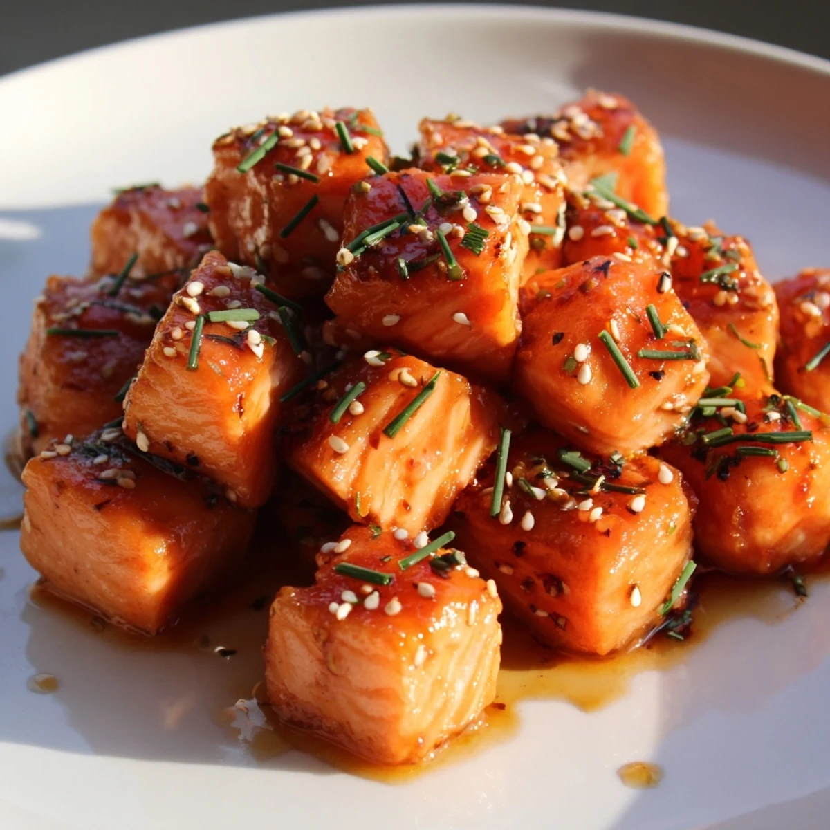 Crispy edged hot honey salmon bites garnished with sesame seeds and chives
