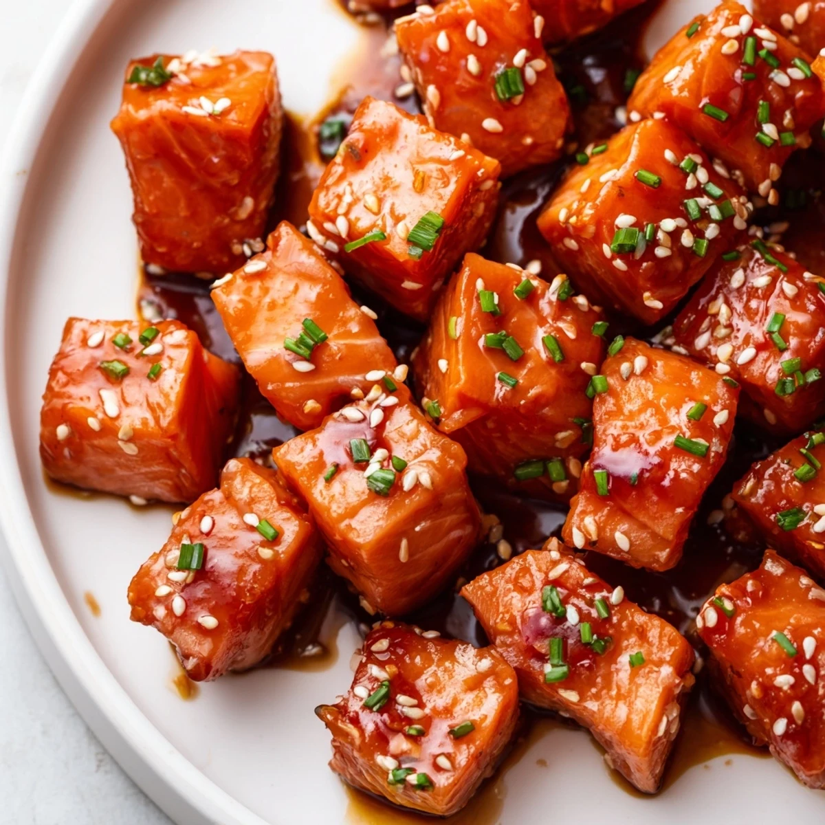 Caramelized hot honey salmon bites glistening with sticky sweet and spicy glaze
