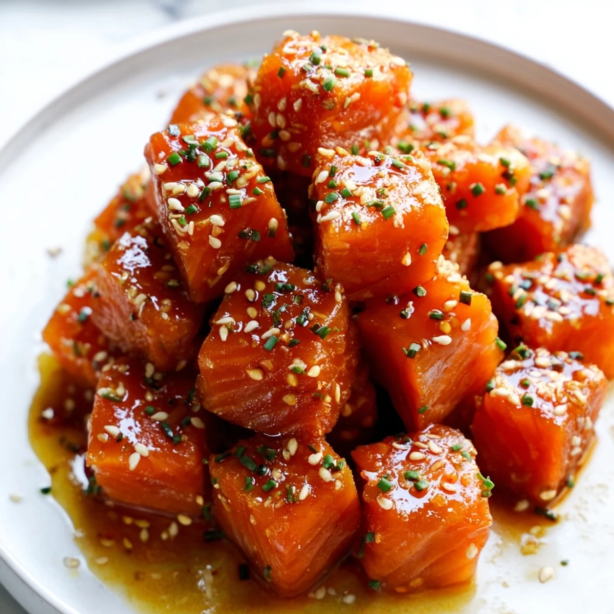 Golden hot honey salmon bites arranged on a platter drizzled with spicy sauce