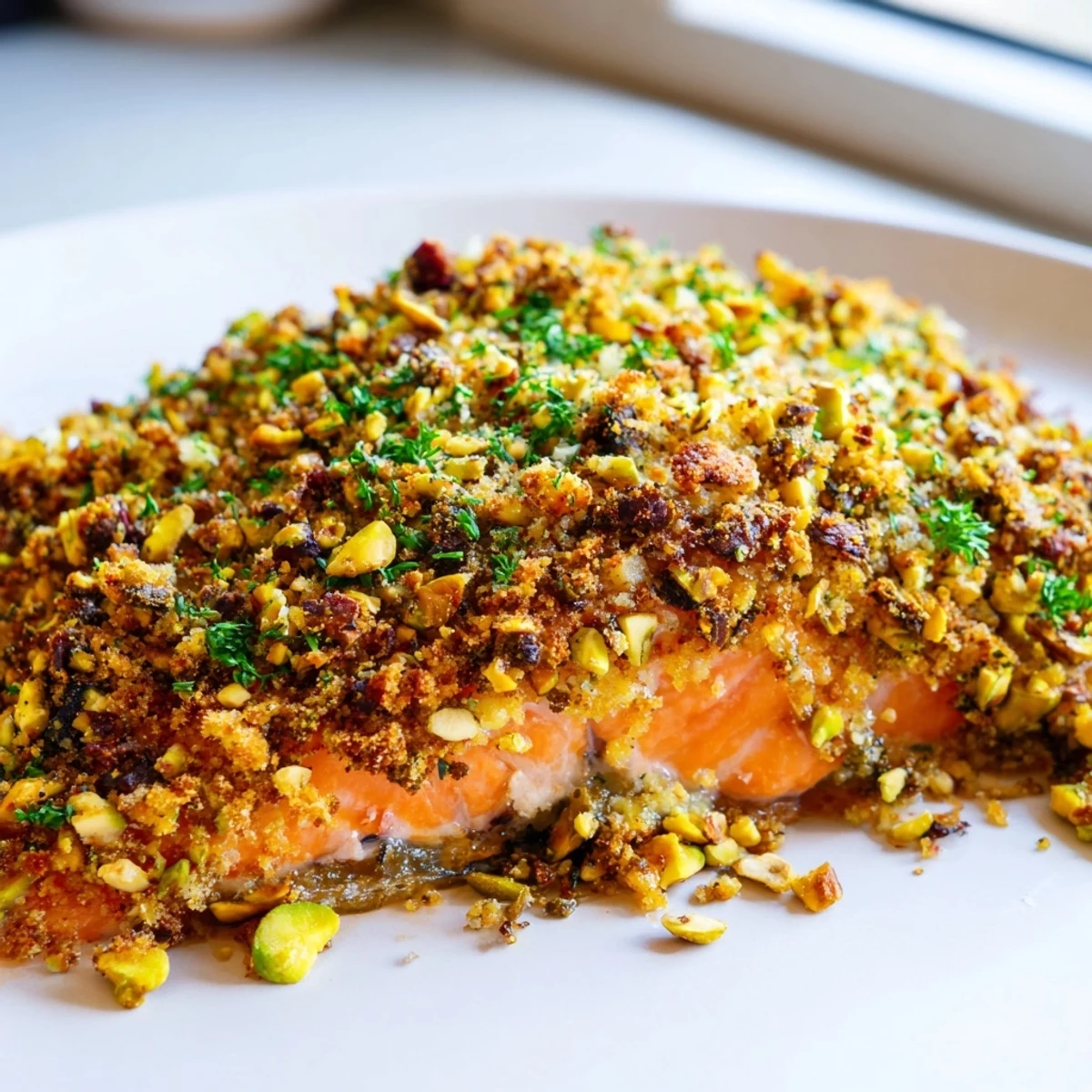 Golden maple pistachio salmon fillet with a crunchy nut crust on a baking sheet