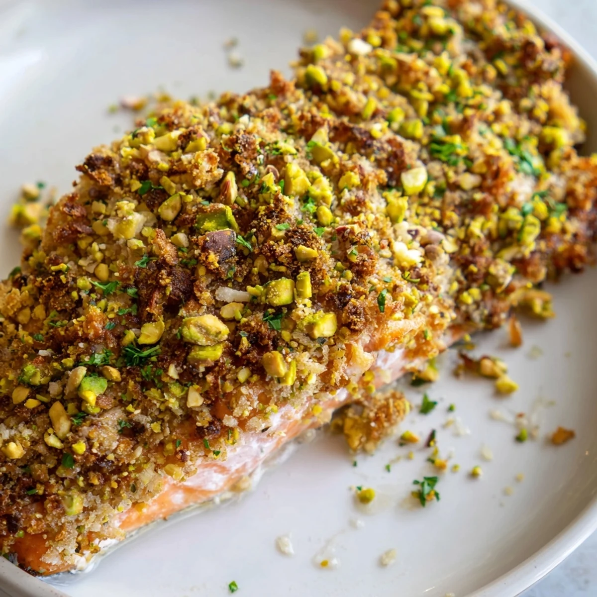 Close-up of flaky maple pistachio salmon drizzled with sweet glazed sauce and herbs