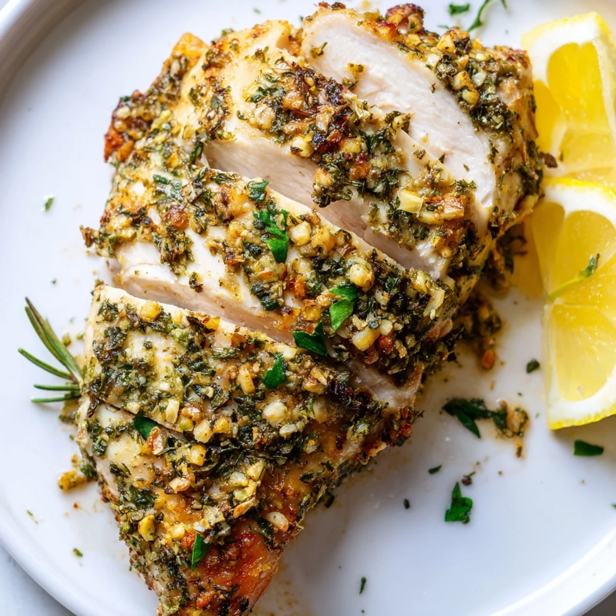 Golden savory garlic herb chicken roasted with rosemary, thyme, and fresh lemon wedges