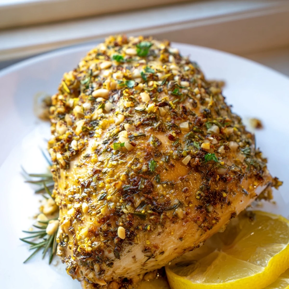 Juicy savory garlic herb chicken breast garnished with parsley on a white plate